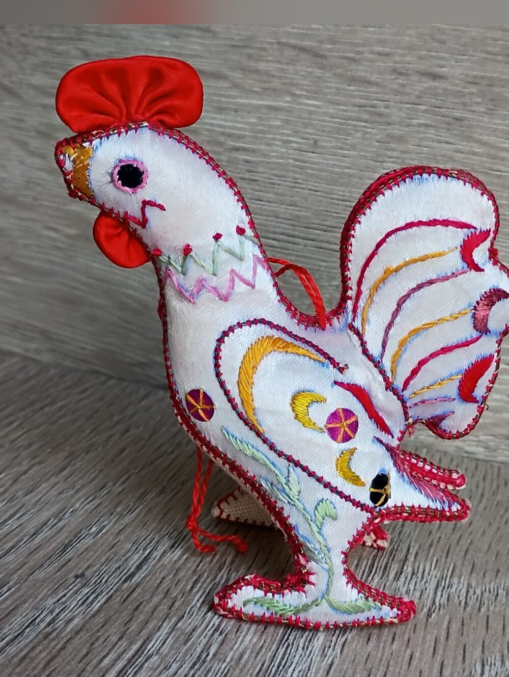 Silk Stuffed Rooster Ornament Figurine Handmade Chinese Embroiderd VTG
